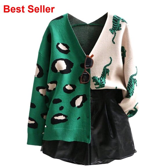 Soft V-Neck Button Down Cardigan Long Sleeve Animal Print Sweater Coat
